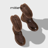 MILLIE 粗跟真皮加绒瘦瘦靴气质厚底百搭马丁靴女Q 新款 妙丽冬季
