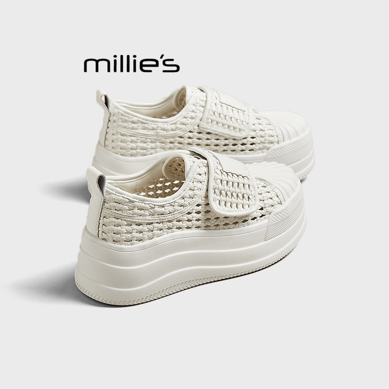 MILLIE'S/妙丽小白鞋女2026夏季新款魔术贴板鞋女镂空厚底洞洞鞋