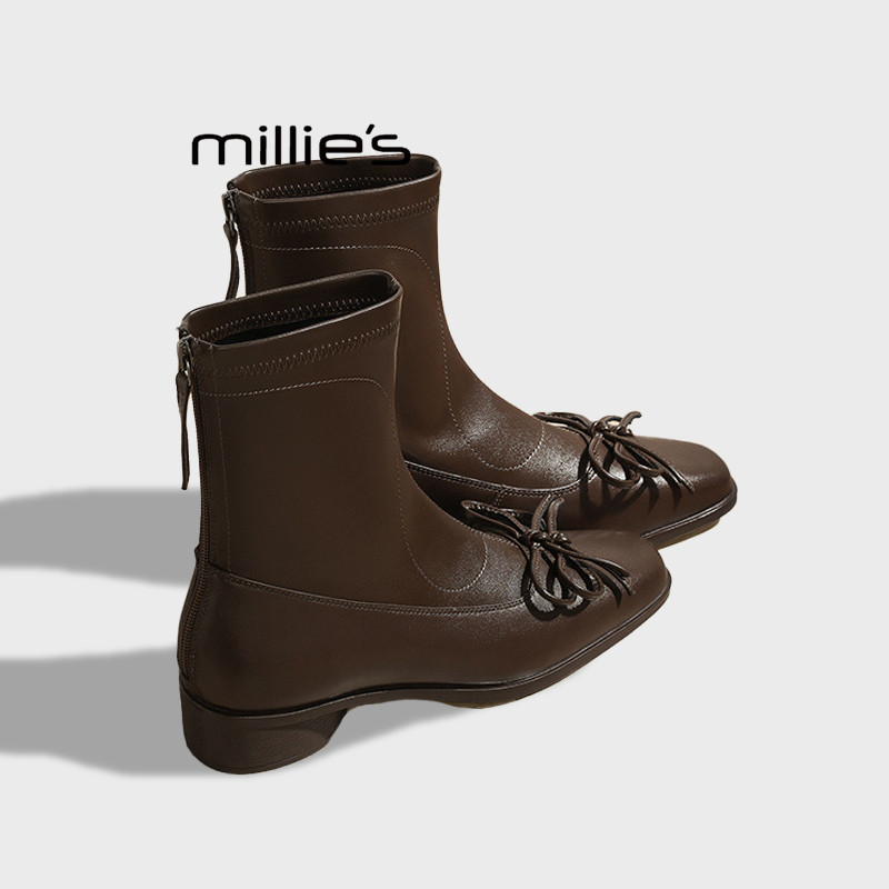 MILLIE'S/妙丽蝴蝶结粗跟短靴女方头瘦瘦靴单靴气质马丁靴踝靴,女鞋,时装靴,淘宝优惠券,粉丝福利购,淘宝优惠卷