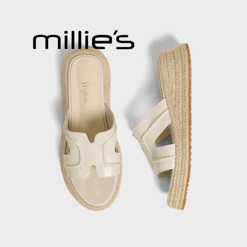 MILLIE'S/妙丽真皮编织增高厚底拖鞋女外穿凉鞋沙滩休闲松糕凉拖