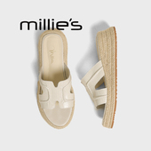 MILLIE 沙滩休闲松糕凉拖 女外穿凉鞋 妙丽真皮编织增高厚底拖鞋