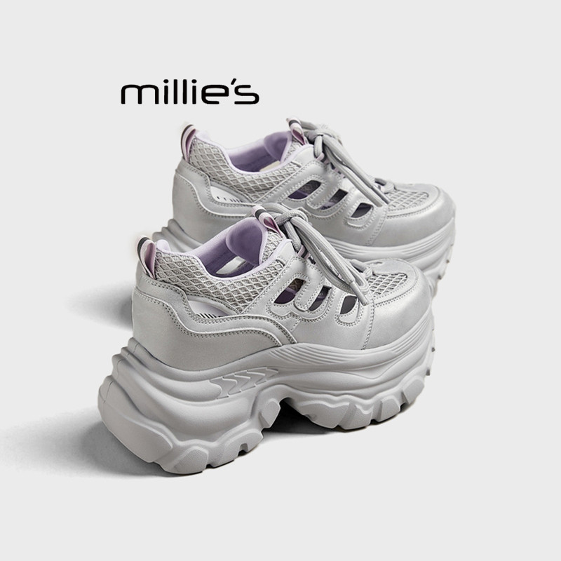 MILLIE'S/妙丽真皮镂空透气松糕厚底老爹鞋女新款增高休闲运动鞋