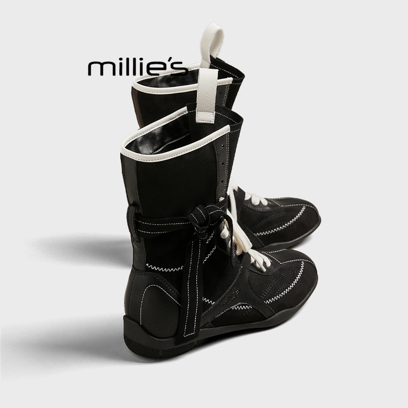 MILLIE'S/妙丽2025新款复古英伦风马丁靴女款配裙子薄款增高中筒