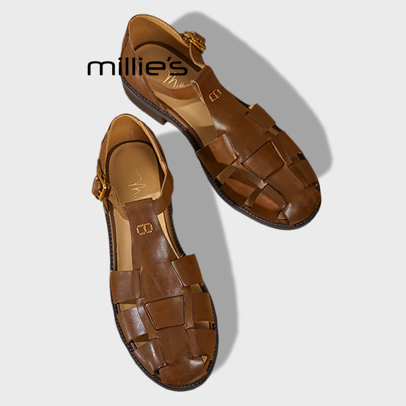 MILLIE'S/妙丽真皮复古编织镂空包头凉鞋女绝美配裙子粗跟罗马鞋Z