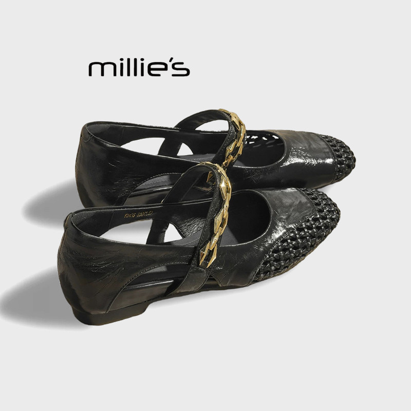 MILLIE'S/妙丽编织镂空方头一字带凉鞋女夏外穿平底玛丽珍凉单鞋,女鞋,浅口单鞋,淘宝优惠券,粉丝福利购,淘宝优惠卷