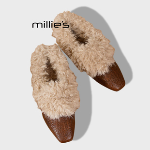 女乐福鞋 MILLIE 方头单鞋 妙丽真皮加绒小众设计粗高跟毛毛鞋 冬Z