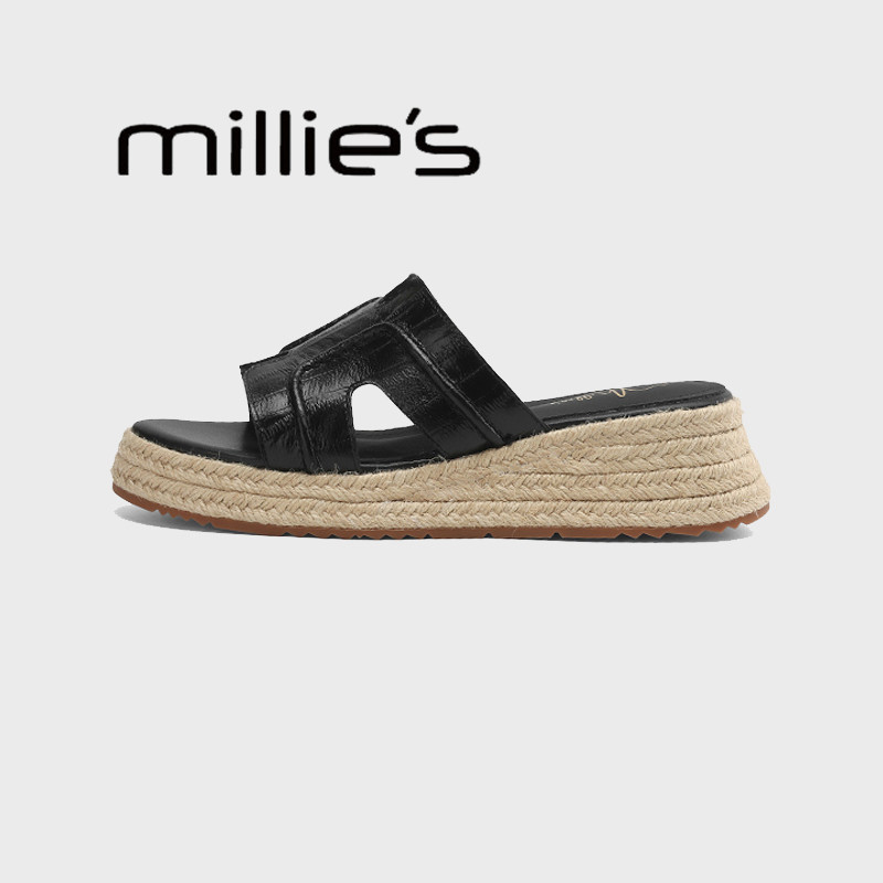 MILLIE'S/妙丽一字带厚底拖鞋女2026夏款坡跟配裙子绝美凉拖鞋