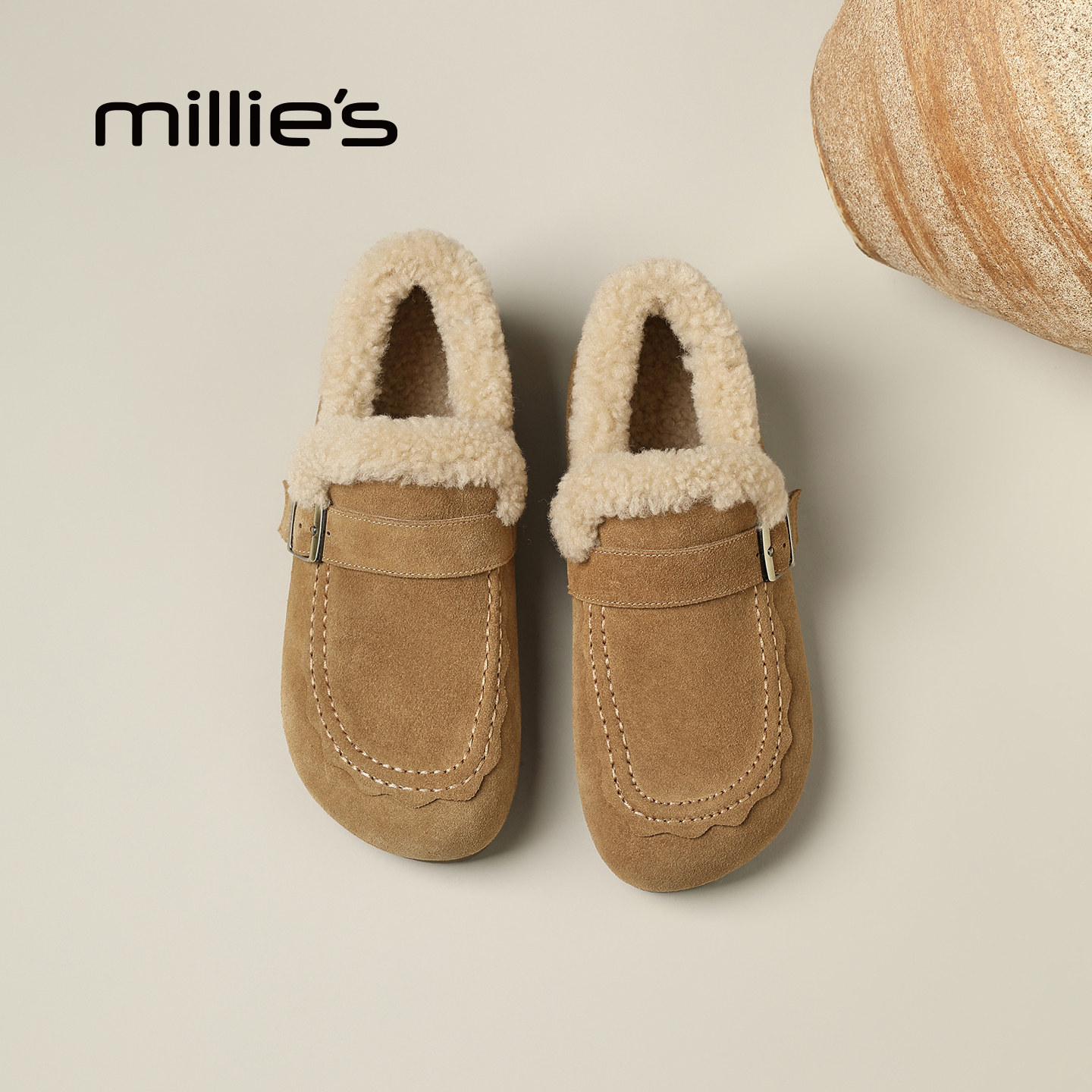 MILLIE'S/妙丽反绒皮勃肯鞋女2025新款驼色毛绒保暖一脚蹬德训鞋Z,女鞋,德训鞋,淘宝优惠券,粉丝福利购,淘宝优惠卷