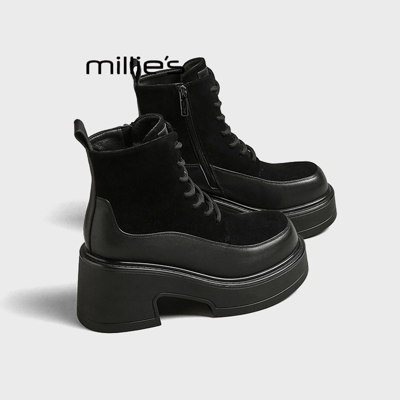 MILLIE'S/妙丽加绒马丁靴女款冬季高跟短靴系带保暖瘦瘦靴百搭靴Q