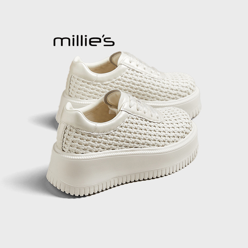 MILLIE'S/妙丽板鞋女透气2026夏季薄款厚底松糕增高镂空小白鞋
