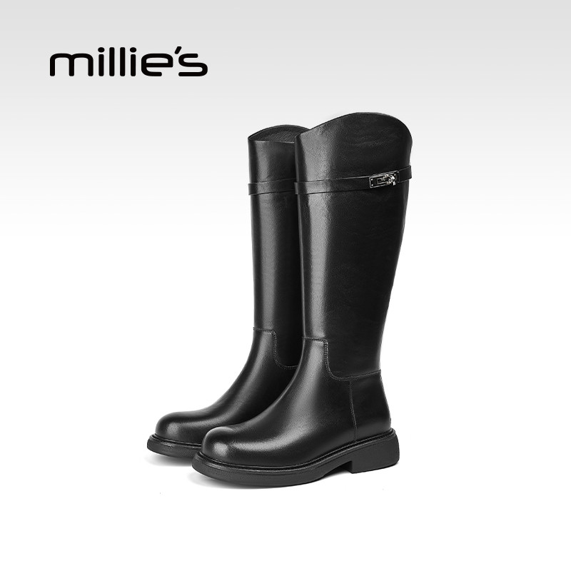 MILLIE'S/妙丽真皮侧拉链高筒靴