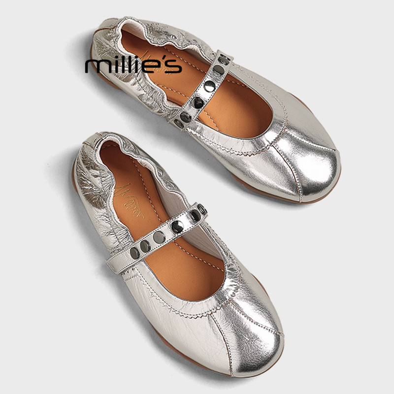 MILLIE'S/妙丽软底舒适平底柳钉单鞋女2026夏季款一字带玛丽珍鞋Z