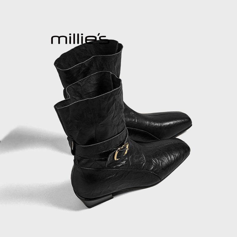 MILLIE'S/妙丽复古褶皱方头靴