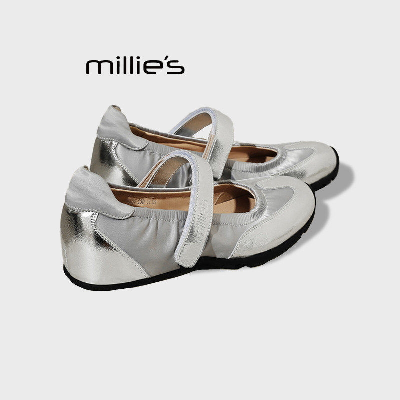 MILLIE'S/妙丽银色玛丽珍鞋女内增高魔术贴芭蕾舞鞋舒适百搭女鞋Z