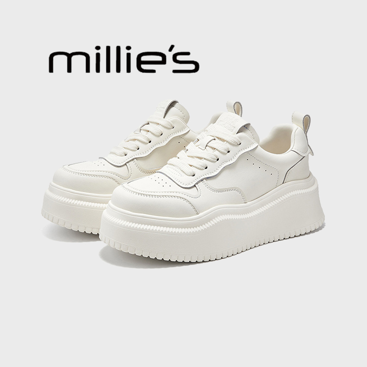 MILLIE'S/妙丽真皮厚底增高松糕板鞋女松糕底轻便透气休闲小白鞋