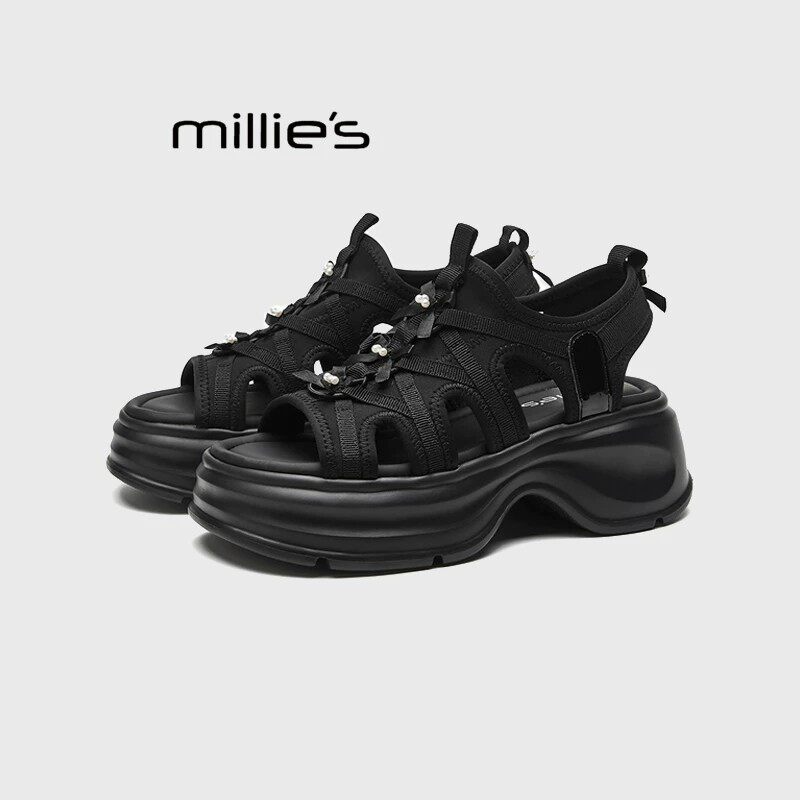MILLIE'S/妙丽真皮罗马包头凉鞋镂空编织猪笼鞋厚底休闲沙滩凉鞋