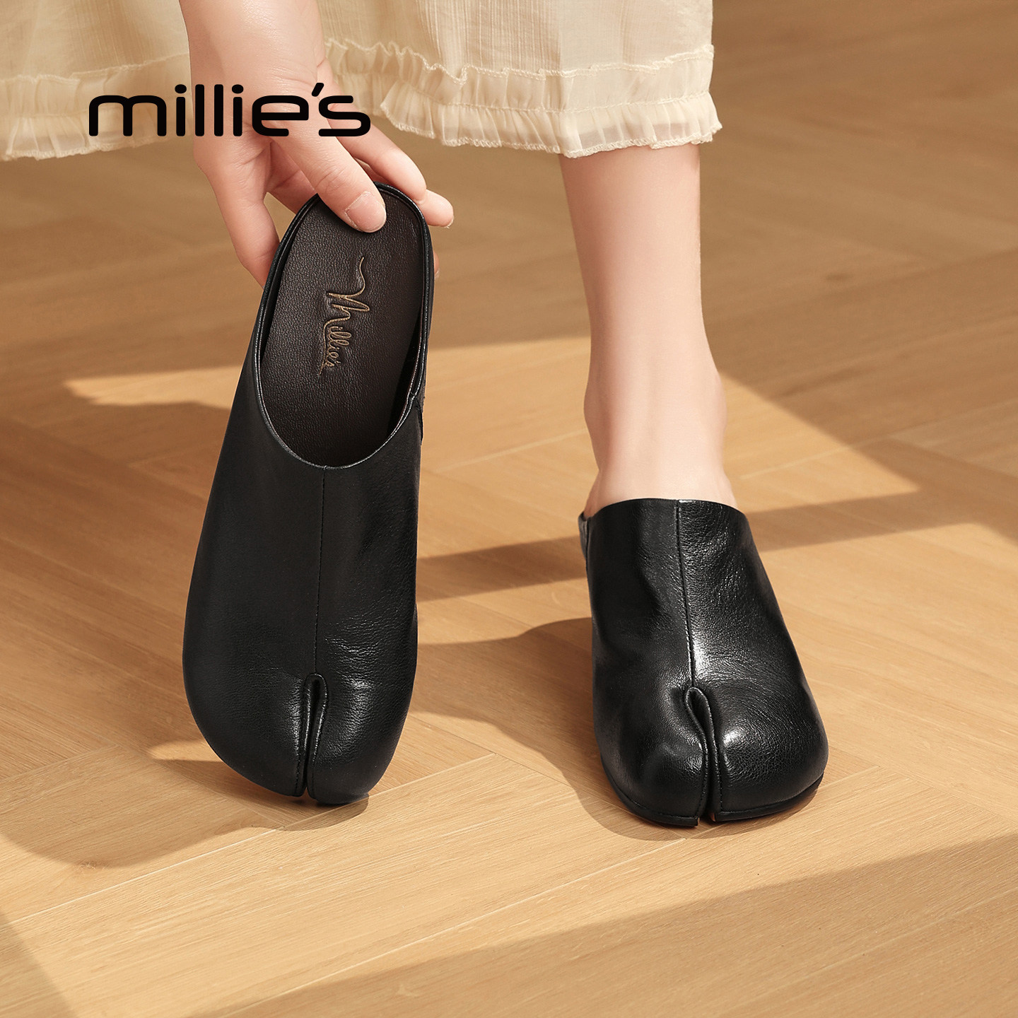 MILLIE'S/妙丽简约风真皮包头拖鞋女一脚蹬穆勒鞋平底防滑半拖鞋Z
