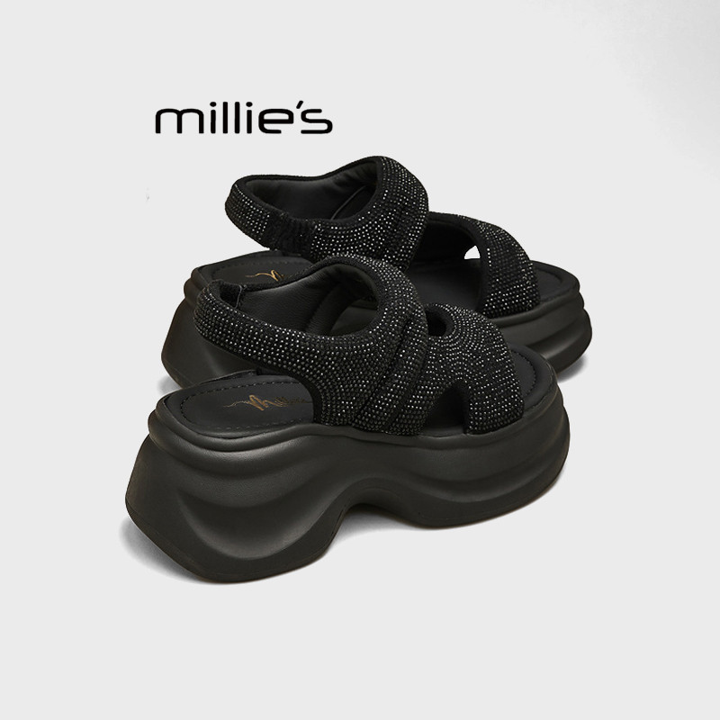 MILLIE'S/妙丽女鞋厚底凉鞋2026夏款水钻松糕沙滩鞋外穿休闲鞋