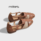 妙丽圆头平底镂空编织拼接设计感时尚 休闲百搭凉鞋 MILLIE 女鞋