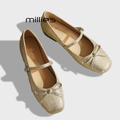 妙丽芭蕾风银色玛丽珍鞋 春季 MILLIE 浅口一字带蝴蝶结平底单鞋