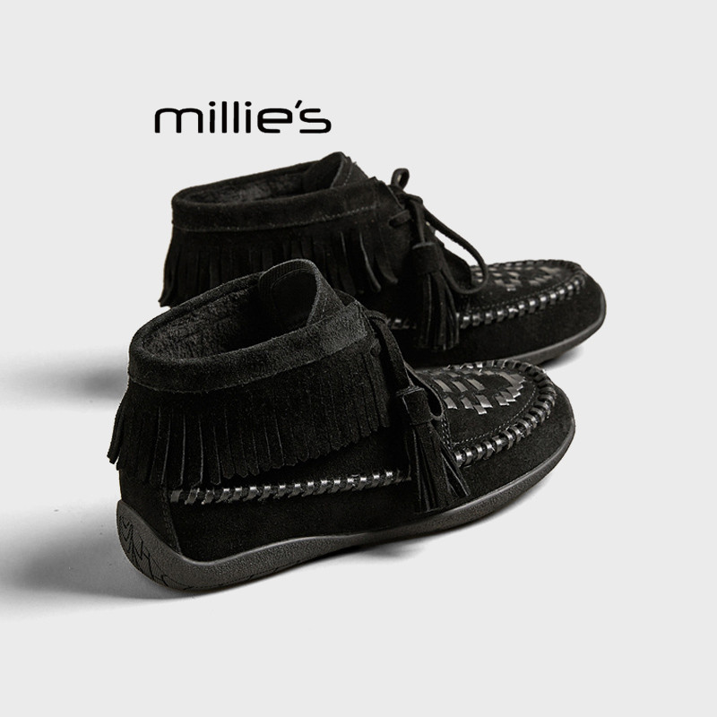 MILLIE'S/妙丽2026新款流苏系带圆头厚底欧美风设计感羊皮马丁靴