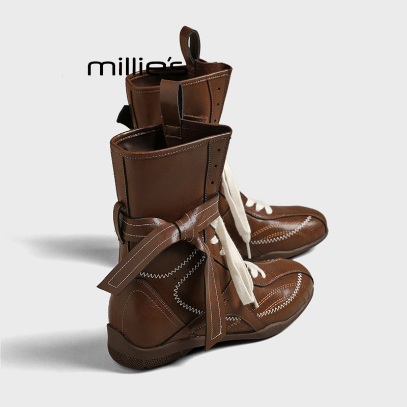 MILLIE'S/妙丽内增高马丁靴女2026夏拳击靴磨砂皮系带短靴德训靴