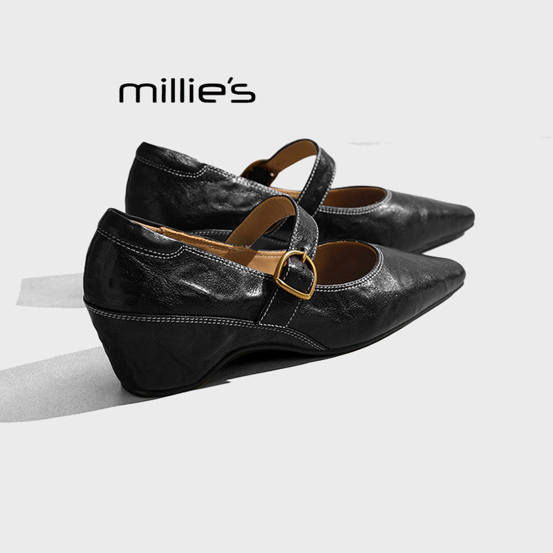 MILLIE'S/妙丽2026春季法式真皮一字带气质高跟单鞋玛丽珍小皮鞋Z