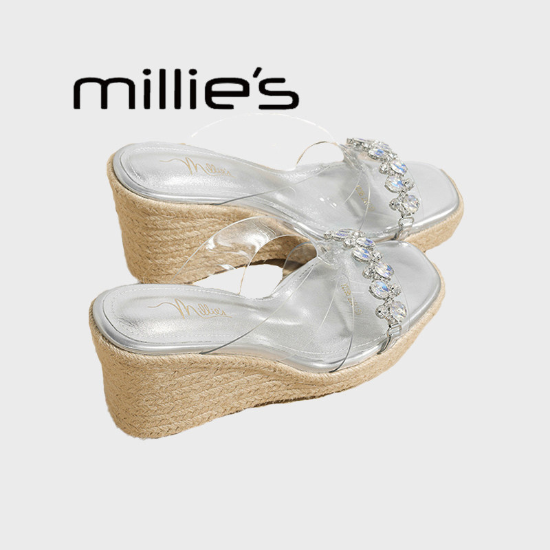 MILLIE'S/妙丽一字拖透明绝美坡跟凉拖鞋女2025夏厚底外穿沙滩鞋