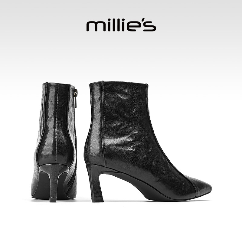 MILLIE'S/妙丽2026秋冬新款尖头细跟设计女款短靴时尚休闲及踝靴