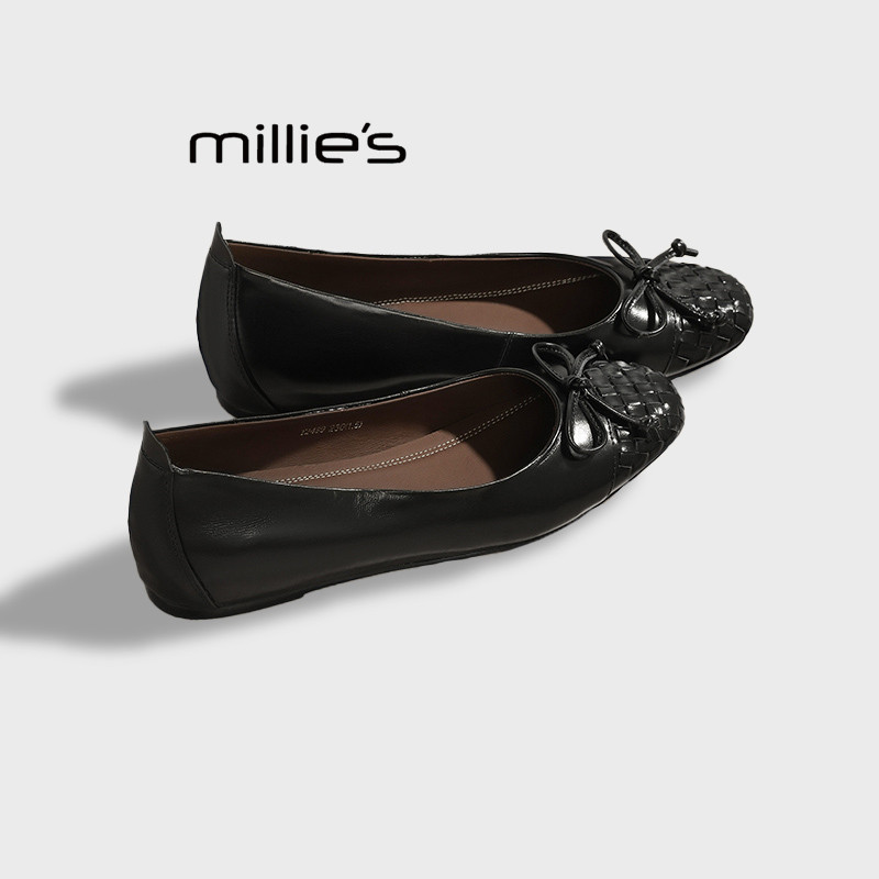 MILLIE'S/妙丽真皮编织复古气质通勤浅口船鞋芭蕾舞平底单鞋女