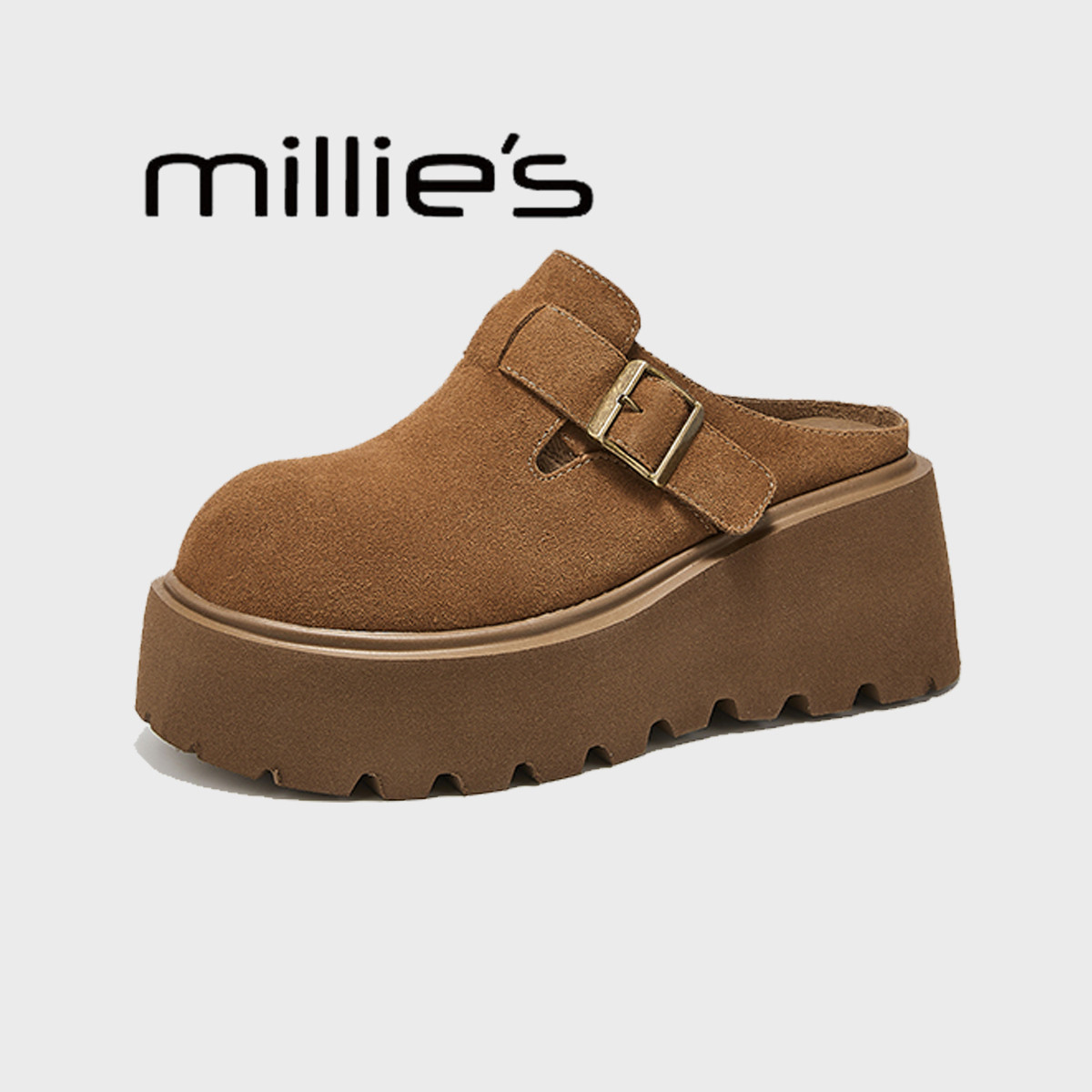 妙丽真皮厚底包头拖鞋女2026春季新款一脚蹬小个子显高半拖勃肯鞋