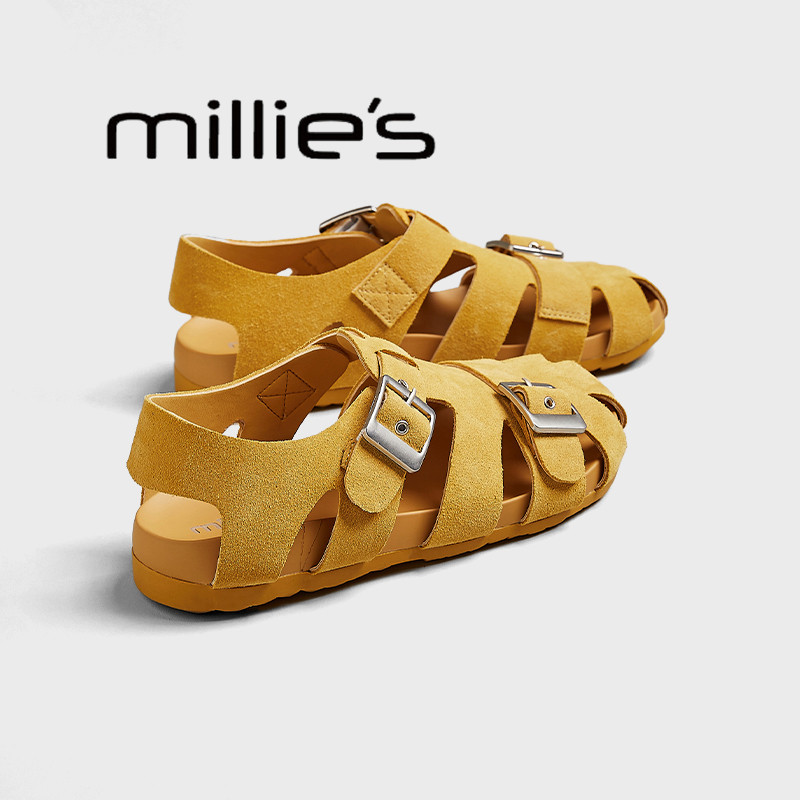 MILLIE'S/妙丽夏季外穿真皮软底勃肯凉鞋女款镂空休闲洞洞沙滩鞋