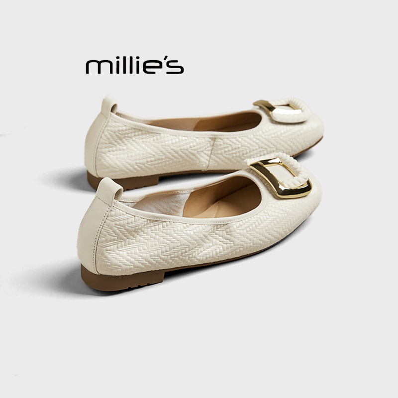 MILLIE'S/妙丽时尚韩版蛋卷鞋羊皮方扣软底软面小方头真皮单鞋女