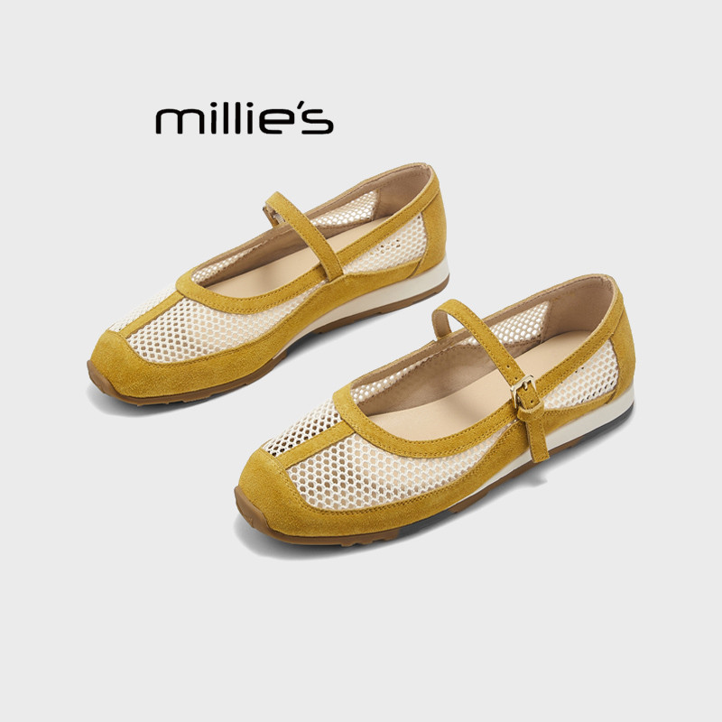 MILLIE'S/妙丽内增高厚底透气网鞋女凉鞋2026夏季新款芭蕾舞单鞋