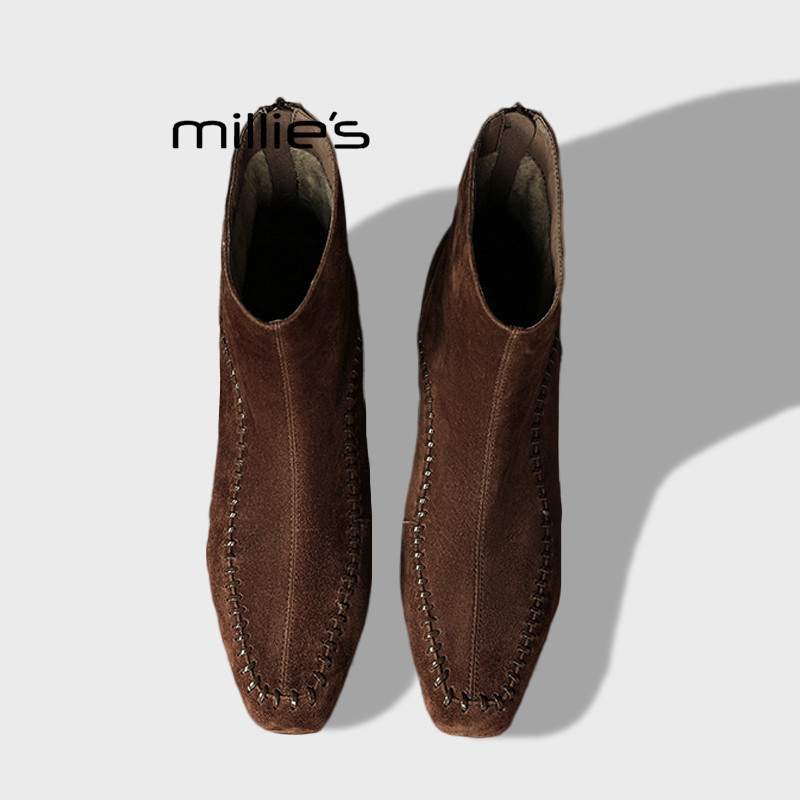 MILLIE'S/妙丽真皮短靴女雨鞋加绒粗跟舒适百搭显瘦时装靴棕色Z
