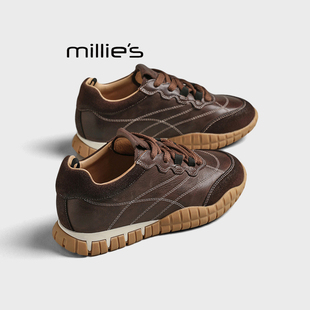 真皮圆头系带休闲运动鞋 MILLIE 女2025新款 妙丽拼色厚底德训鞋