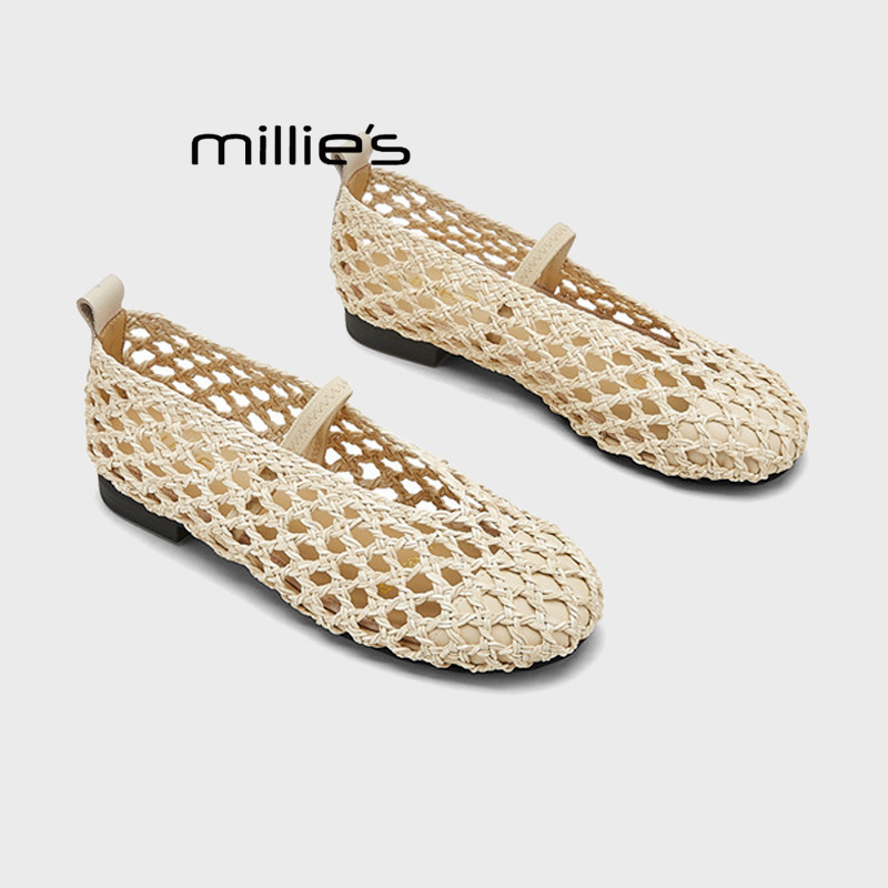 MILLIE'S/妙丽网面浅口单鞋女夏款圆头镂空透气懒人一脚蹬平底鞋Z