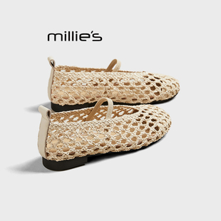 MILLIE'S/妙丽2025夏新款舒适编织镂空透气网鞋平底浅口单鞋女鞋