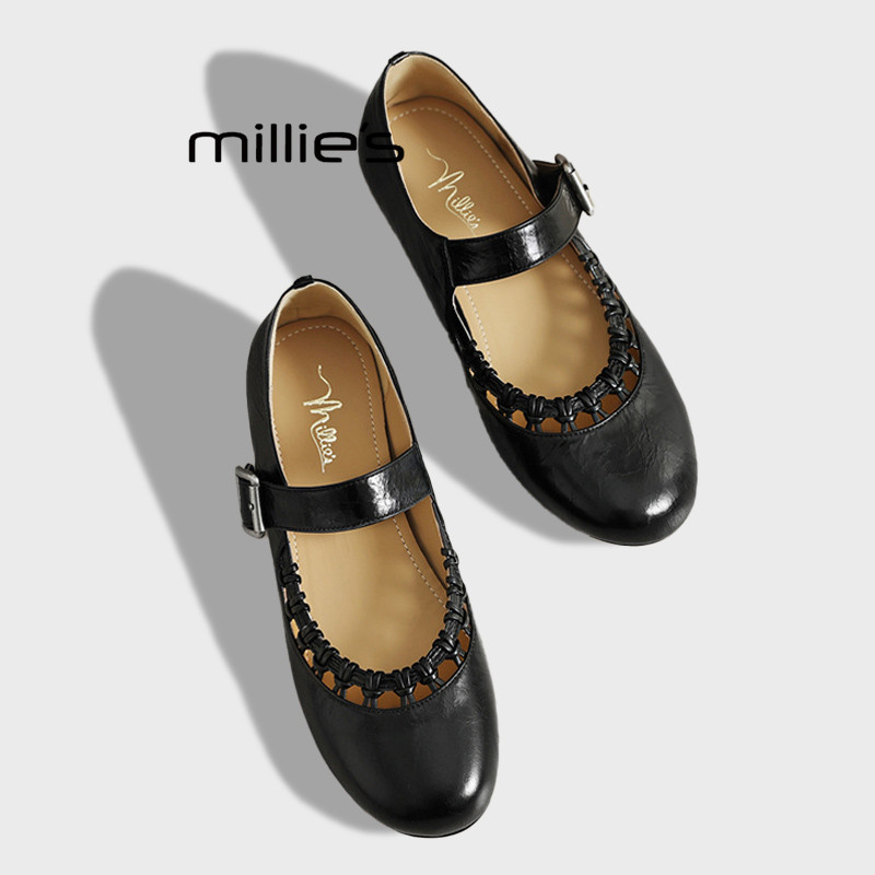 MILLIE'S/妙丽法式复古玛丽珍鞋春季一字带扣镂空花边黑色小皮鞋Z,女鞋,雨鞋,淘宝优惠券,粉丝福利购,淘宝优惠卷
