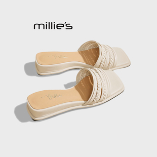 MILLIE'S/妙丽真皮拖鞋女夏季外穿时尚配裙子绝美软底一字凉拖