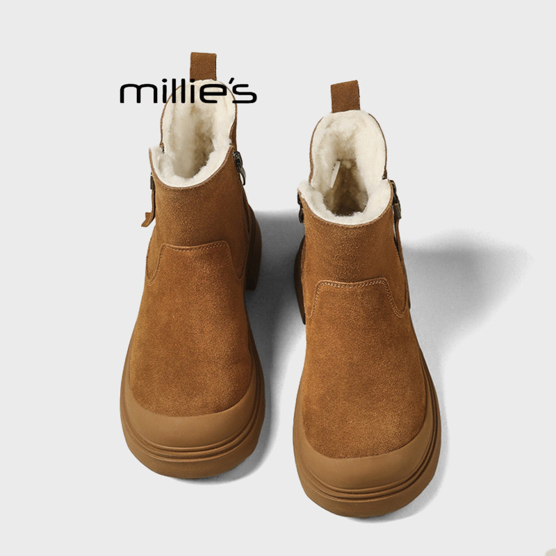 MILLIE'S/妙丽毛绒短靴女冬季加绒保暖厚底雨鞋防滑棉靴驼色短靴Z