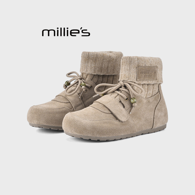 MILLIE'S/妙丽短靴女冬季保暖加绒堆堆靴百搭显瘦不累脚反绒皮靴Q