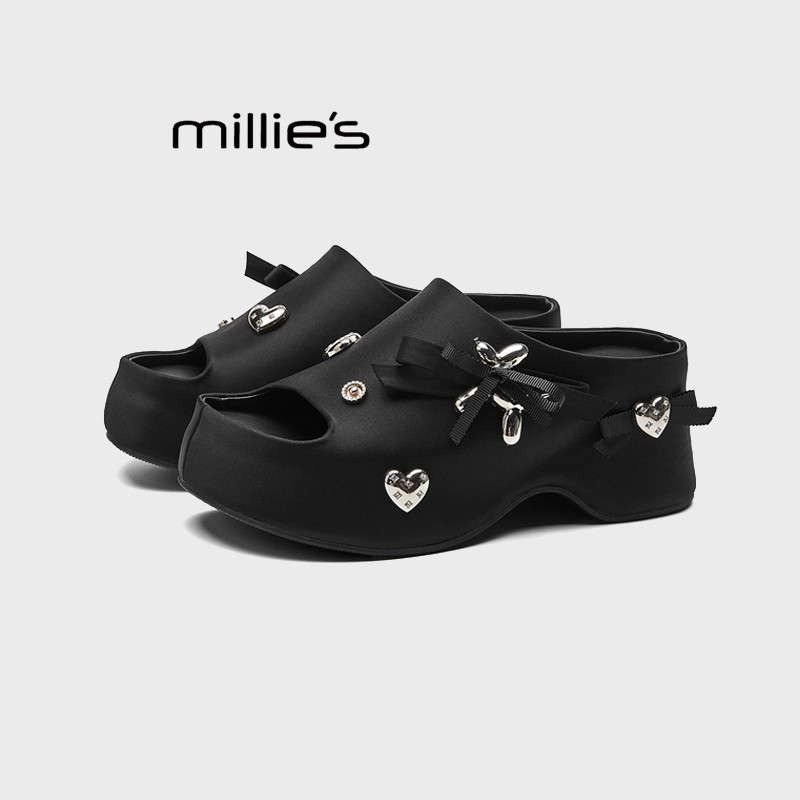 MILLIE'S/妙丽2025夏季新款真皮厚底懒人凉拖鞋女鱼嘴蝴蝶结外穿