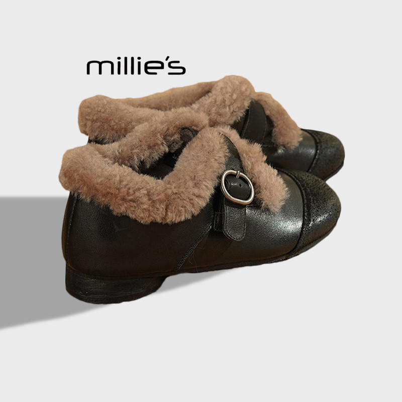 MILLIE'S/妙丽冬季毛毛鞋女外穿加绒玛丽珍单鞋拼接皮带扣豆豆鞋,女鞋,玛丽珍鞋,淘宝优惠券,粉丝福利购,淘宝优惠卷