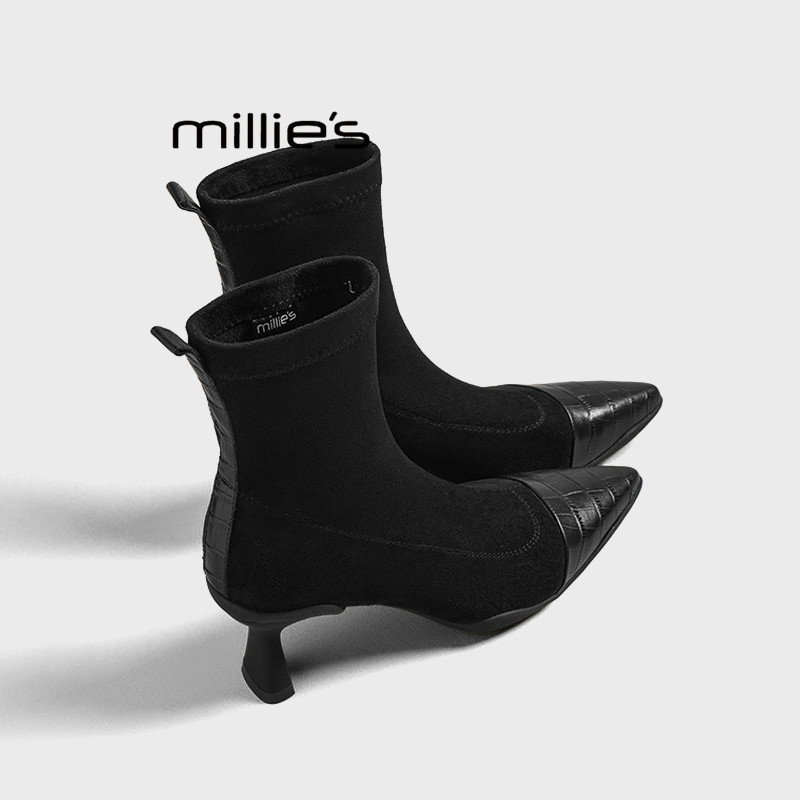 MILLIE'S/妙丽尖头短靴女细跟秋冬新款及踝靴裸靴高跟真皮马丁靴Z