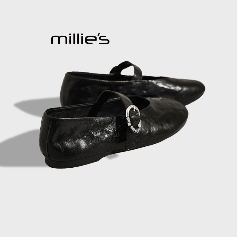 MILLIE'S/妙丽时尚玛丽珍鞋女2026春款浅口单鞋魔术贴低跟小皮鞋