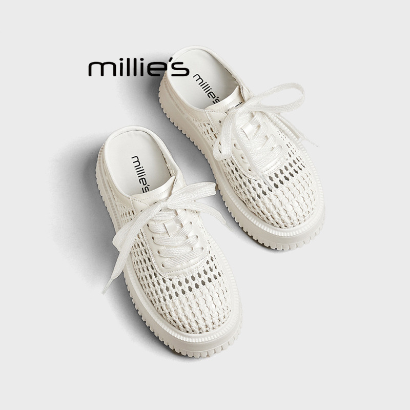 MILLIE'S/妙丽厚底高跟镂空网面编织半拖鞋2026夏新款增高板鞋女