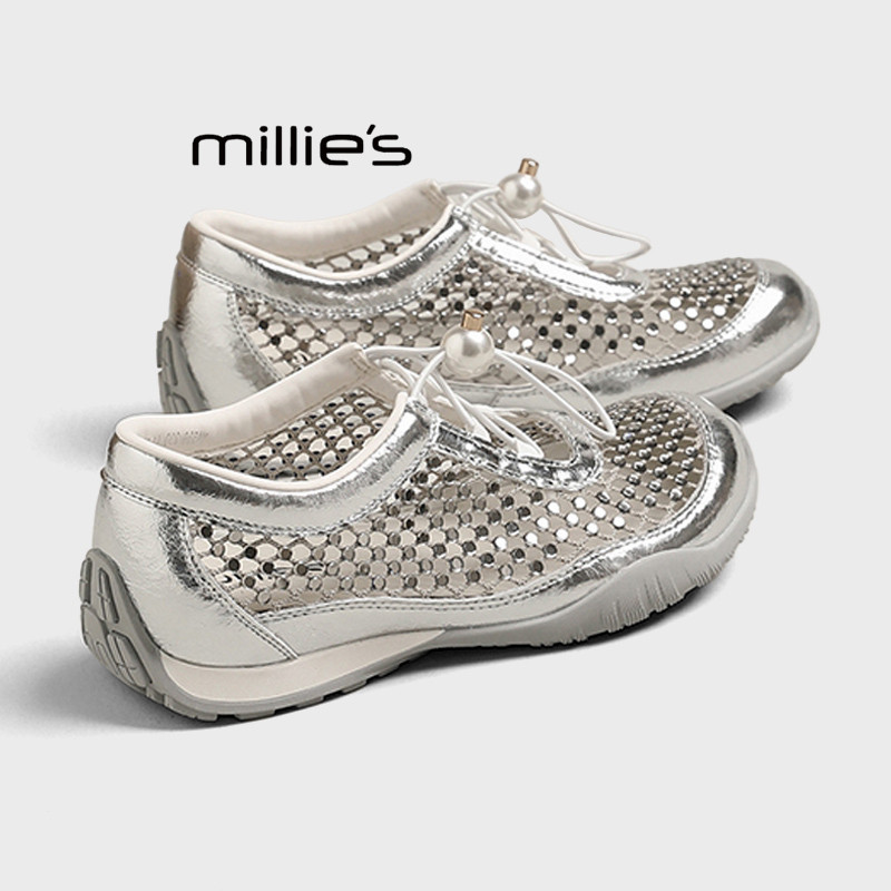 MILLIE'S/妙丽网面镂空休闲凉鞋女2026夏季款百搭水钻玛丽珍单鞋Z