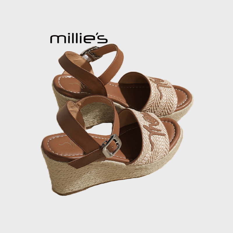 MILLIE'S/妙丽度假风草编坡跟一字带凉鞋女厚底配裙子高跟鞋夏季