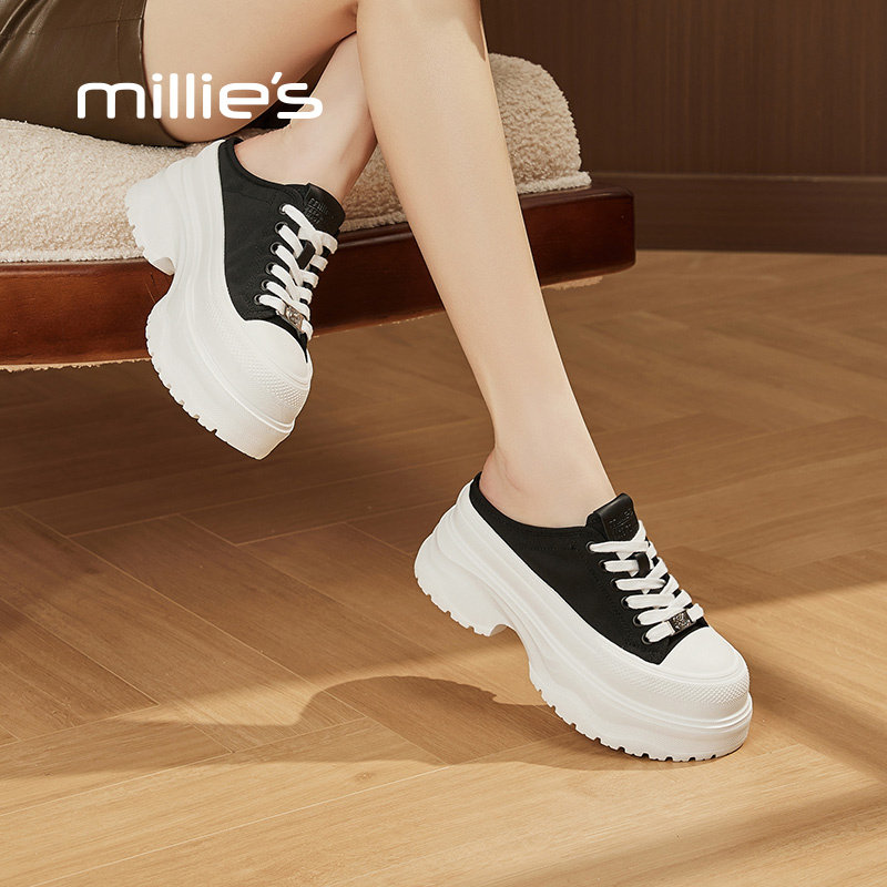 MILLIE'S/妙丽厚底松糕包头拖鞋女夏外穿2026真皮半拖增高单鞋